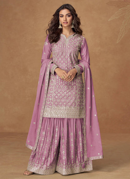 ORCHID PINK CHINON SILK SHARARA SUIT WITH DUPATTA FOR INDIAN FESTIVAL AND PAKISTANI WEDDING – THREAD AND ZARI EMBROIDERY