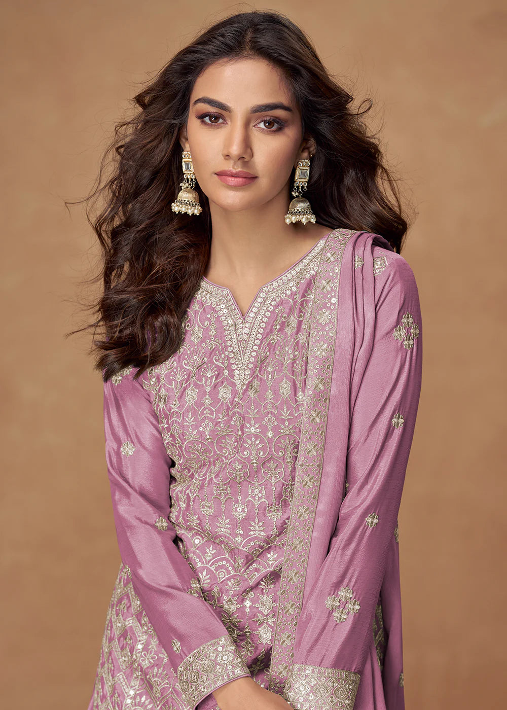 ORCHID PINK CHINON SILK SHARARA SUIT WITH DUPATTA FOR INDIAN FESTIVAL AND PAKISTANI WEDDING – THREAD AND ZARI EMBROIDERY