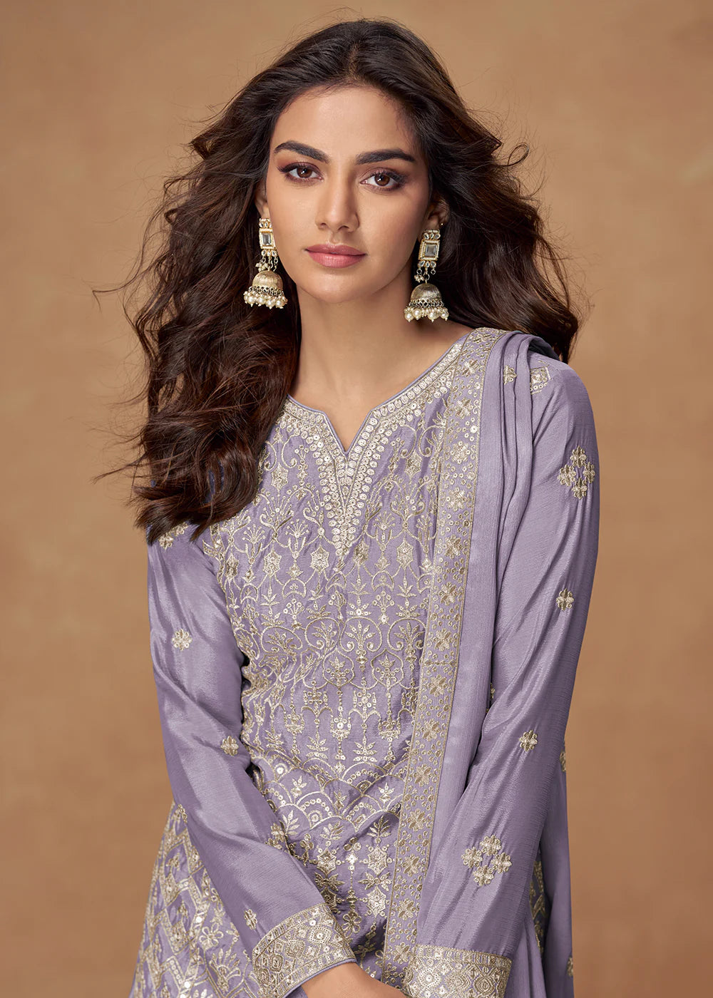 LAVENDER CHINON SILK SHARARA SUIT WITH DUPATTA FOR INDIAN FESTIVAL AND WEDDING – THREAD AND ZARI EMBROIDERY