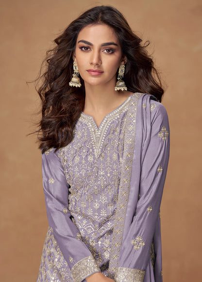 LAVENDER CHINON SILK SHARARA SUIT WITH DUPATTA FOR INDIAN FESTIVAL AND WEDDING – THREAD AND ZARI EMBROIDERY