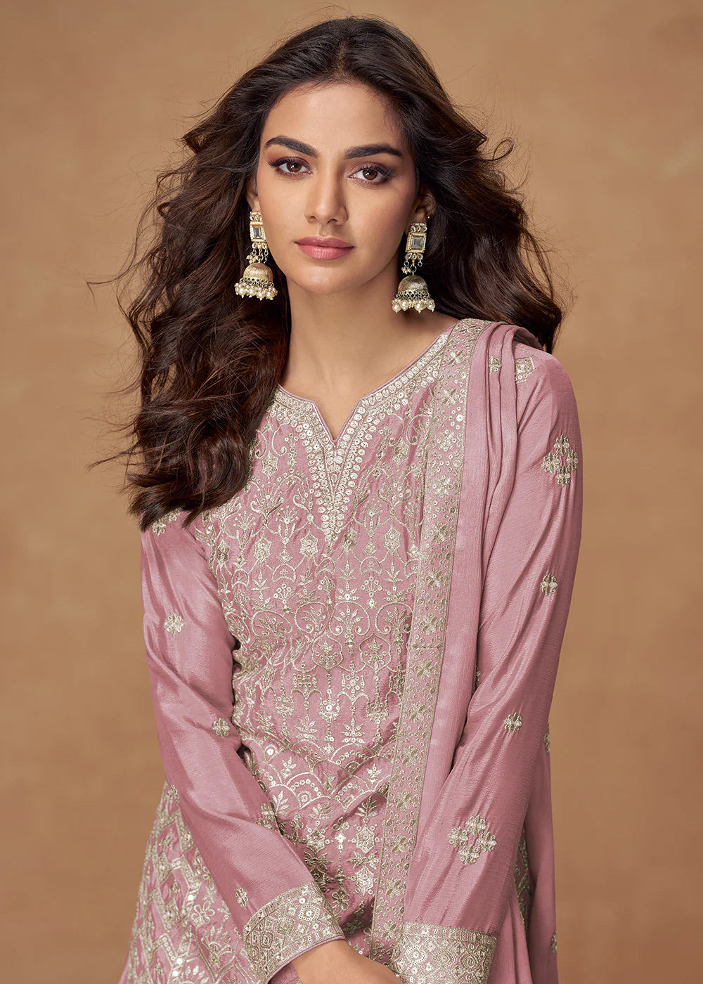 PINK CHINON SILK SHARARA SUIT WITH DUPATTA FOR INDIAN FESTIVAL AND WEDDING – THREAD AND ZARI EMBROIDERY