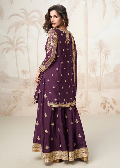 Deep Purple Chinon Silk Sharara Suit with Dupatta – Indian Pakistani Wedding Wear