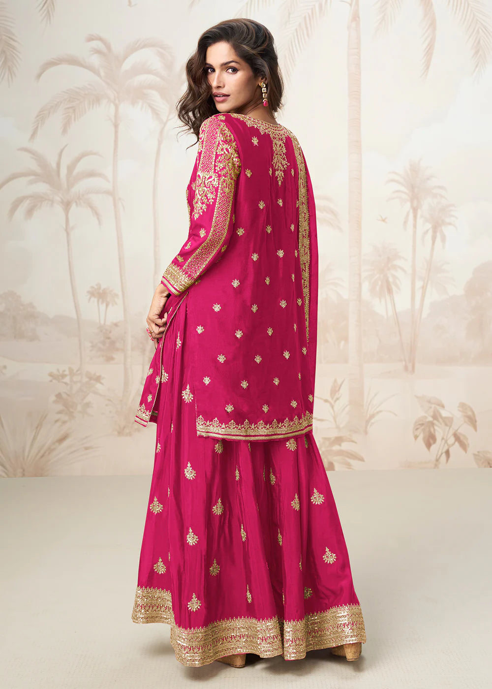 Rani Pink Chinon Silk Embroidered Sharara Suit for Indian and Pakistani Wedding & Festival