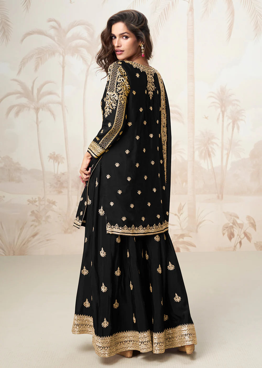 Black Chinon Silk Designer Sharara Suit with Embroidery – Pakistani Indian Eid & Wedding Wear
