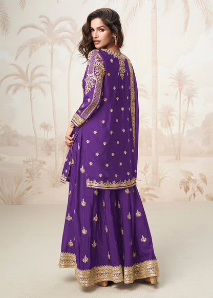 Purple Chinon Silk Embroidered Sharara Suit with Dupatta – Indian Pakistani Festival Outfit