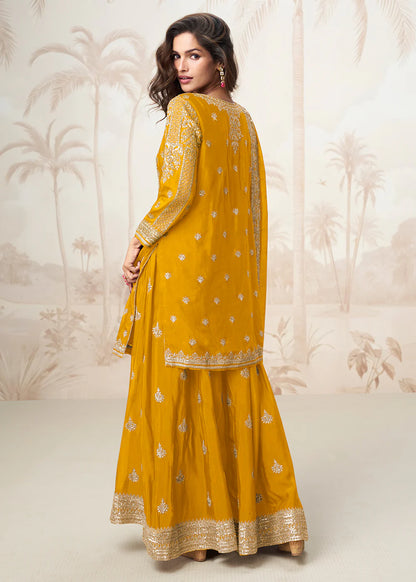 Mustard Yellow Chinon Silk Sharara Suit with Dupatta – Indian Pakistani Mehendi & Festival Wear