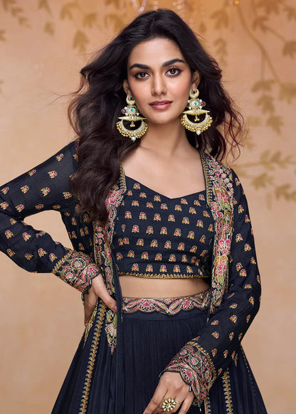 Navy Blue Georgette Lehenga Choli with Embroidered Jacket For Indian Festive & Wedding Wear