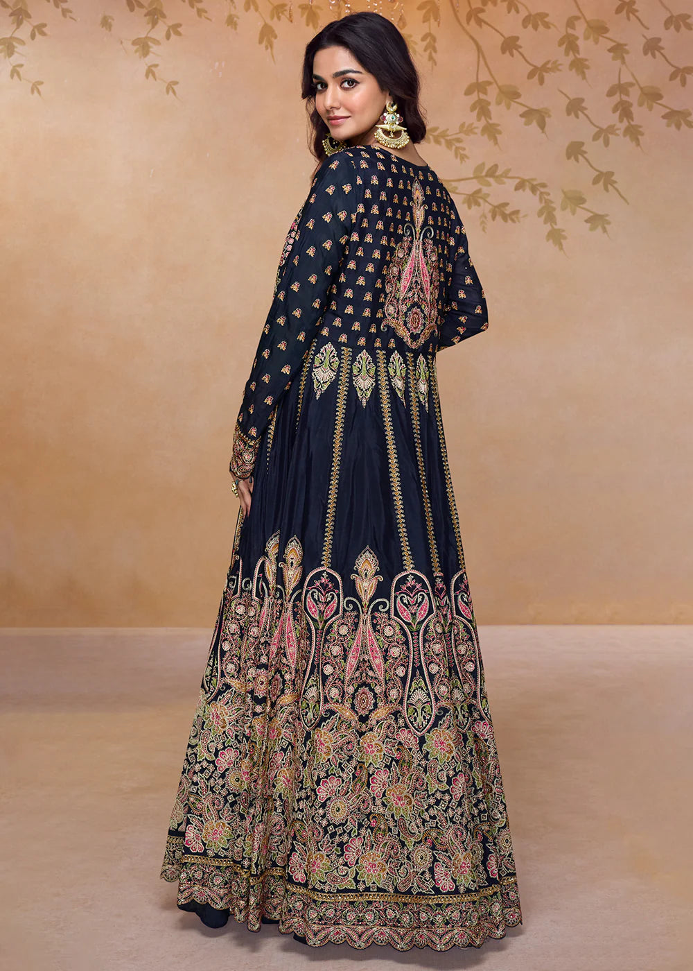 Navy Blue Georgette Lehenga Choli with Embroidered Jacket For Indian Festive & Wedding Wear