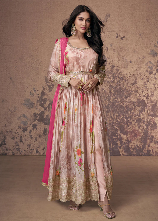 Pink Anarkali Suit with Digital Prints and Zari Detailing