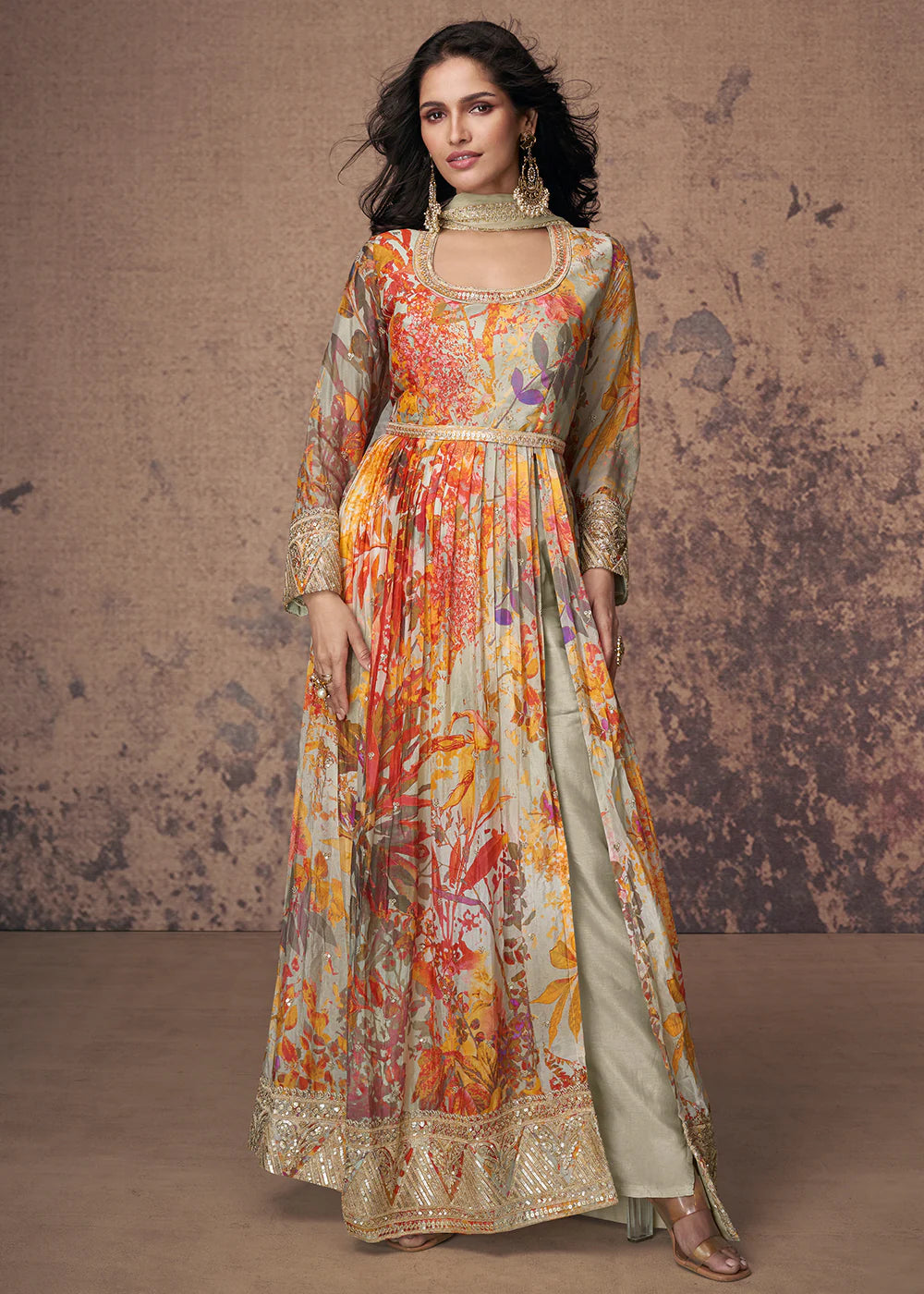 Dusty Cream Anarkali Suit with Digital Prints and Zari Detailing