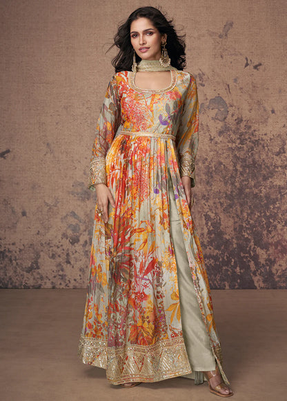 Dusty Cream Anarkali Suit with Digital Prints and Zari Detailing