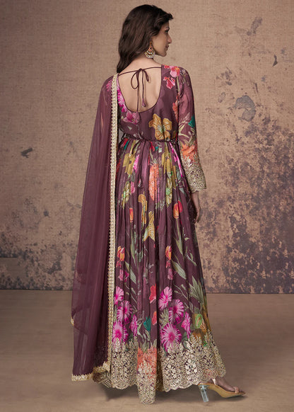 Wine  Anarkali Suit with Digital Prints and Zari Detailing