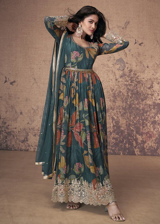 Teal Anarkali Suit with Digital Prints and Zari Detailing