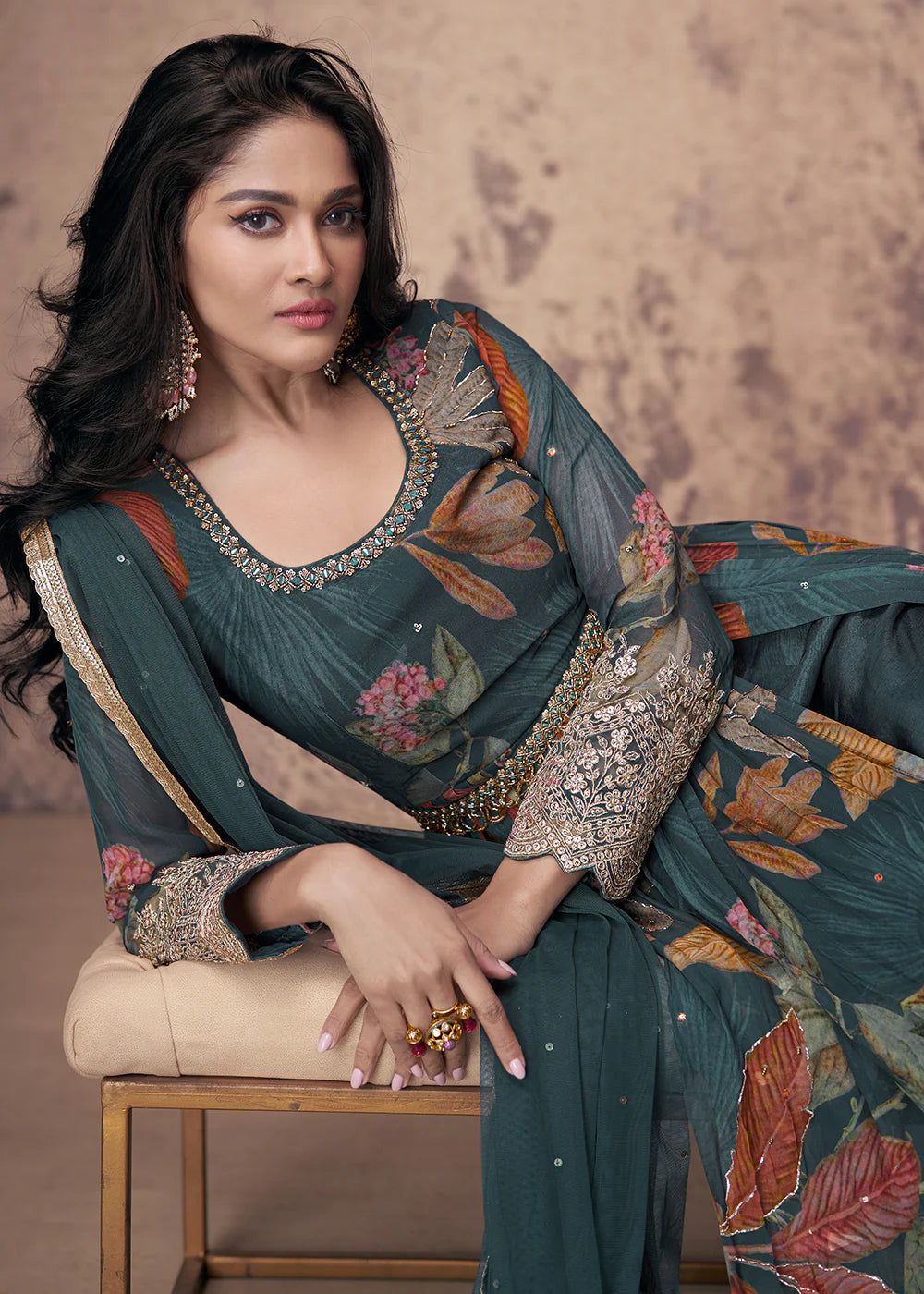 Teal Anarkali Suit with Digital Prints and Zari Detailing