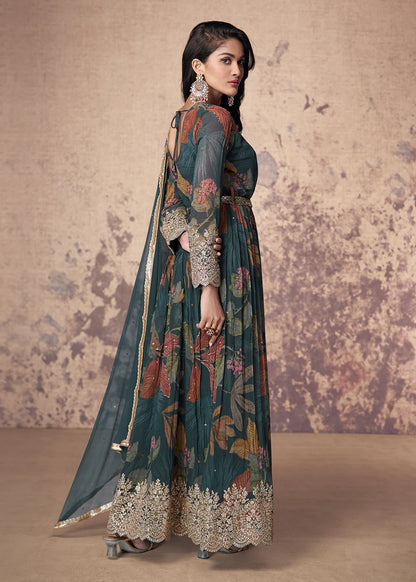 Teal Anarkali Suit with Digital Prints and Zari Detailing