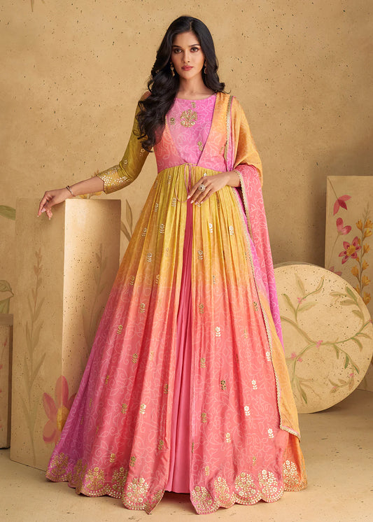 Multicolor Embroidered Wedding Party Anarkali Gown Dress With Dupatta