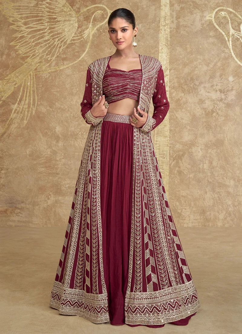 Maroon Festive Lehenga Choli with Embroidered Jacket