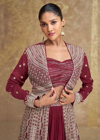 Maroon Festive Lehenga Choli with Embroidered Jacket