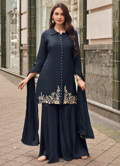 Desinger Blue Viscose Jacquard Silk Sharara Suit