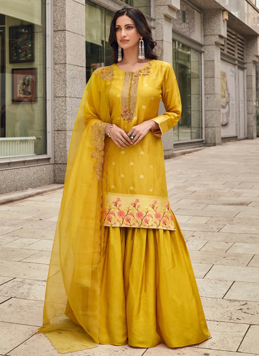 Desinger Yellow Viscose Jacquard Silk Sharara Suit