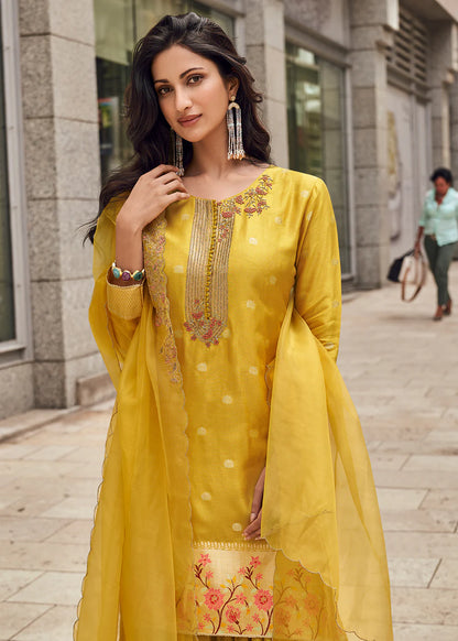 Desinger Yellow Viscose Jacquard Silk Sharara Suit