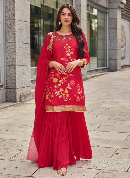 Desinger Red Viscose Jacquard Silk Sharara Suit