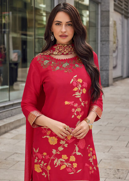 Desinger Red Viscose Jacquard Silk Sharara Suit