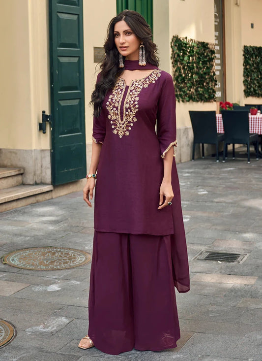 Desinger Purple Viscose Jacquard Silk Sharara Suit