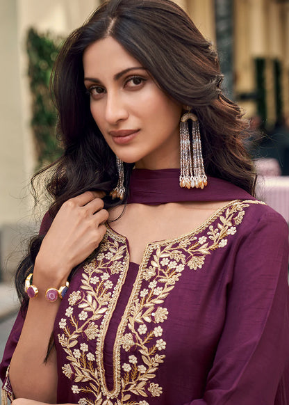 Desinger Purple Viscose Jacquard Silk Sharara Suit