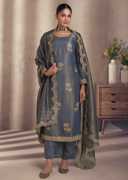 Buy Blue Silk Embroidered Salwar Suit with Dupatta for Indian Wedding and Pakistani Festival 