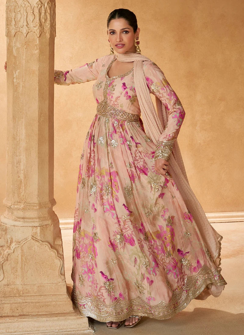 Stylish Peach Chinnon Silk Anarkali Gown with Embroidery