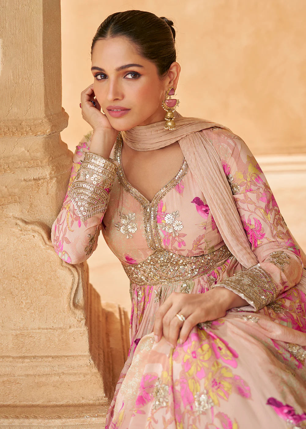 Stylish Peach Chinnon Silk Anarkali Gown with Embroidery