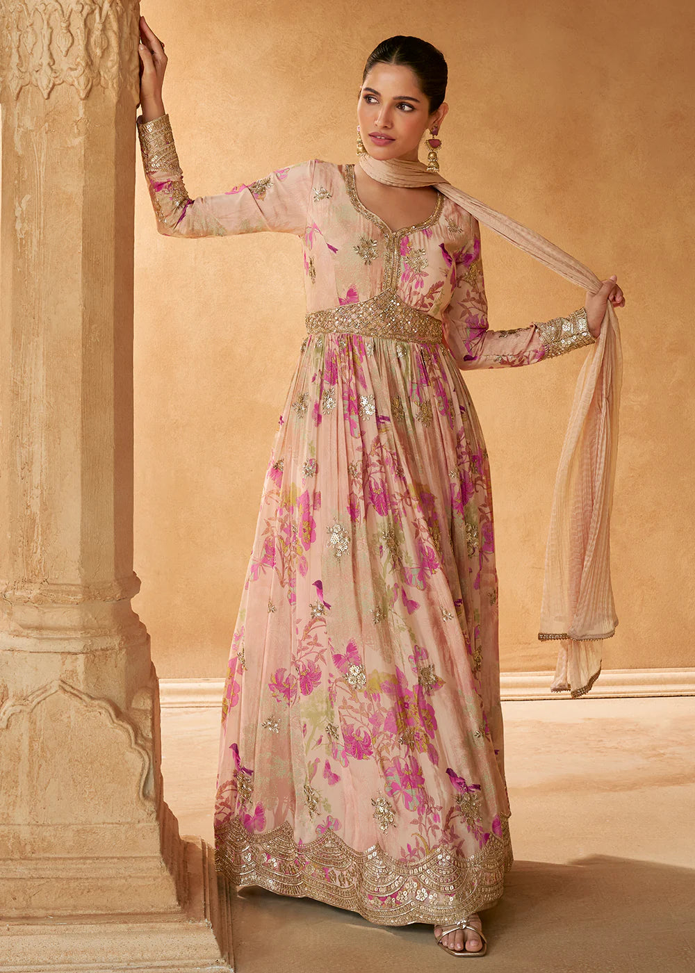 Stylish Peach Chinnon Silk Anarkali Gown with Embroidery