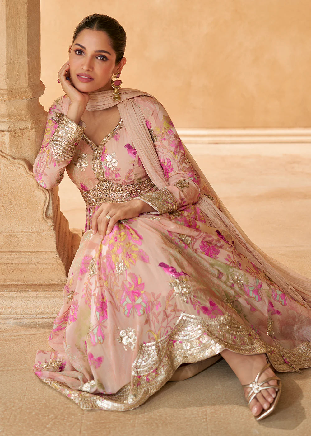 Stylish Peach Chinnon Silk Anarkali Gown with Embroidery