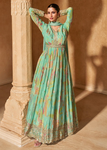 Stylish Turquoise Chinnon Silk Anarkali Gown with Embroidery