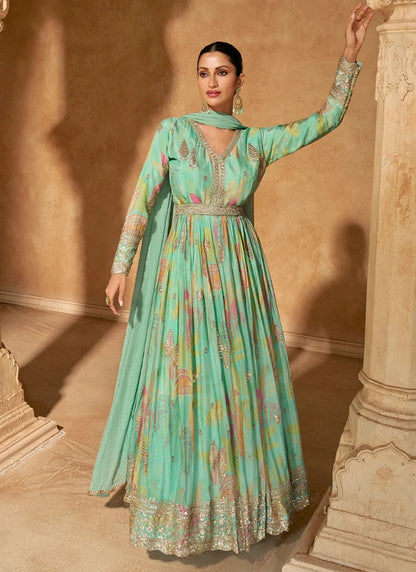 Stylish Turquoise Chinnon Silk Anarkali Gown with Embroidery