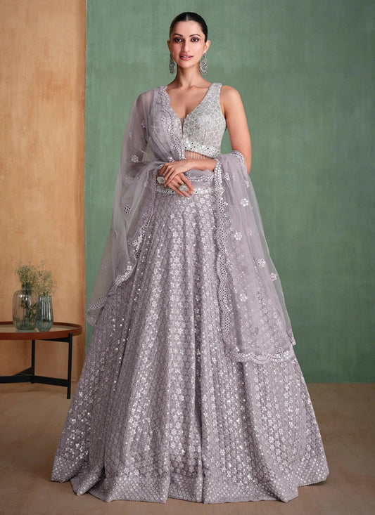 Stylish Grey Georgette Lehenga Choli with Embroidery for Parties