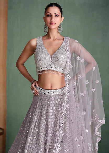 Stylish Grey Georgette Lehenga Choli with Embroidery for Parties