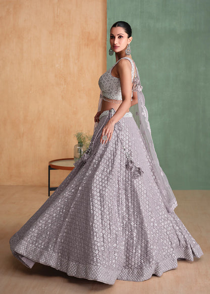 Stylish Grey Georgette Lehenga Choli with Embroidery for Parties