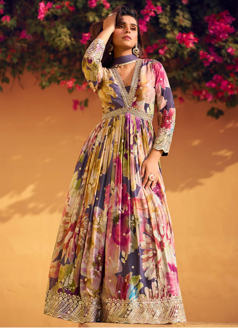 Buy Online Multicolor Chinnon Silk Anarkali Gown with Dupatta – Perfect for Indian and Pakistani Weddings and Festivals-Bindyaa