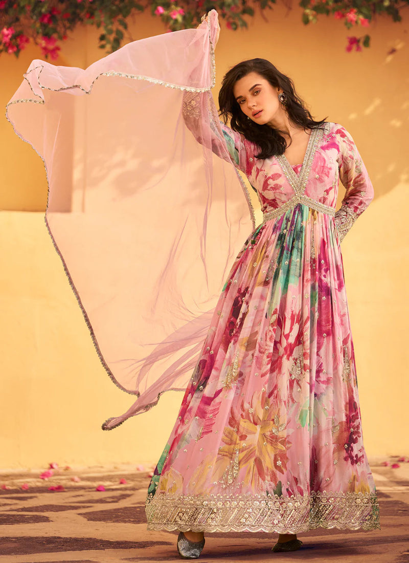 Buy Pink Chinnon Silk Anarkali Gown with Dupatta – Perfect for Indian and Pakistani Weddings and Festivals 