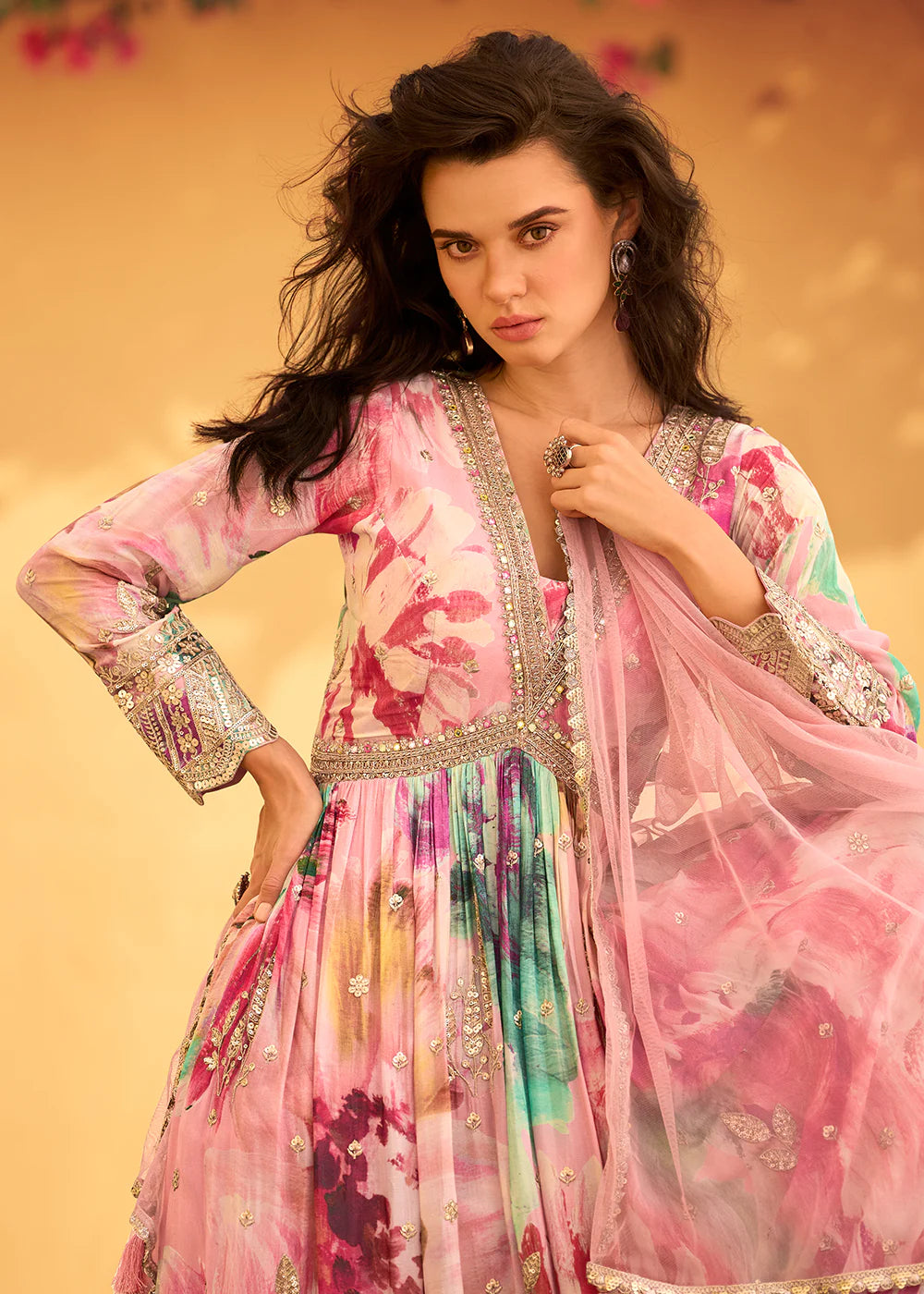 Pink Chinnon Silk Anarkali Gown with Dupatta – Perfect for Indian and Pakistani Weddings and Festivals