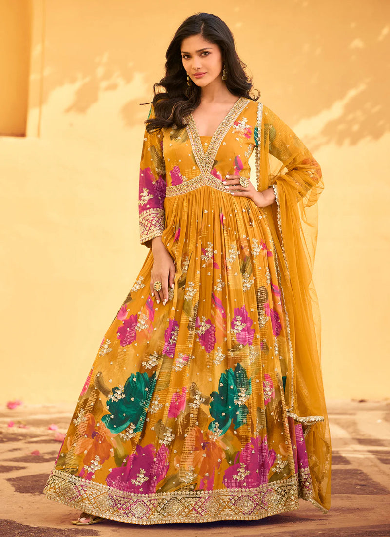 Yellow Chinnon Silk Anarkali Gown with Dupatta – Perfect for Indian and Pakistani Weddings and Festivals