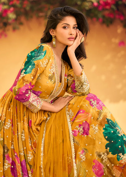 Yellow Chinnon Silk Anarkali Gown with Dupatta – Perfect for Indian and Pakistani Weddings and Festivals