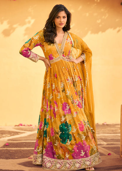 Yellow Chinnon Silk Anarkali Gown with Dupatta – Perfect for Indian and Pakistani Weddings and Festivals