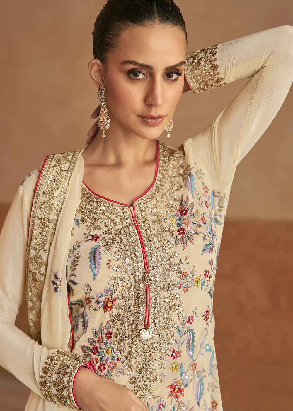 Luxurious Chinnon Silk Cream Palazzo Suit with Elegant Festive Embellishments