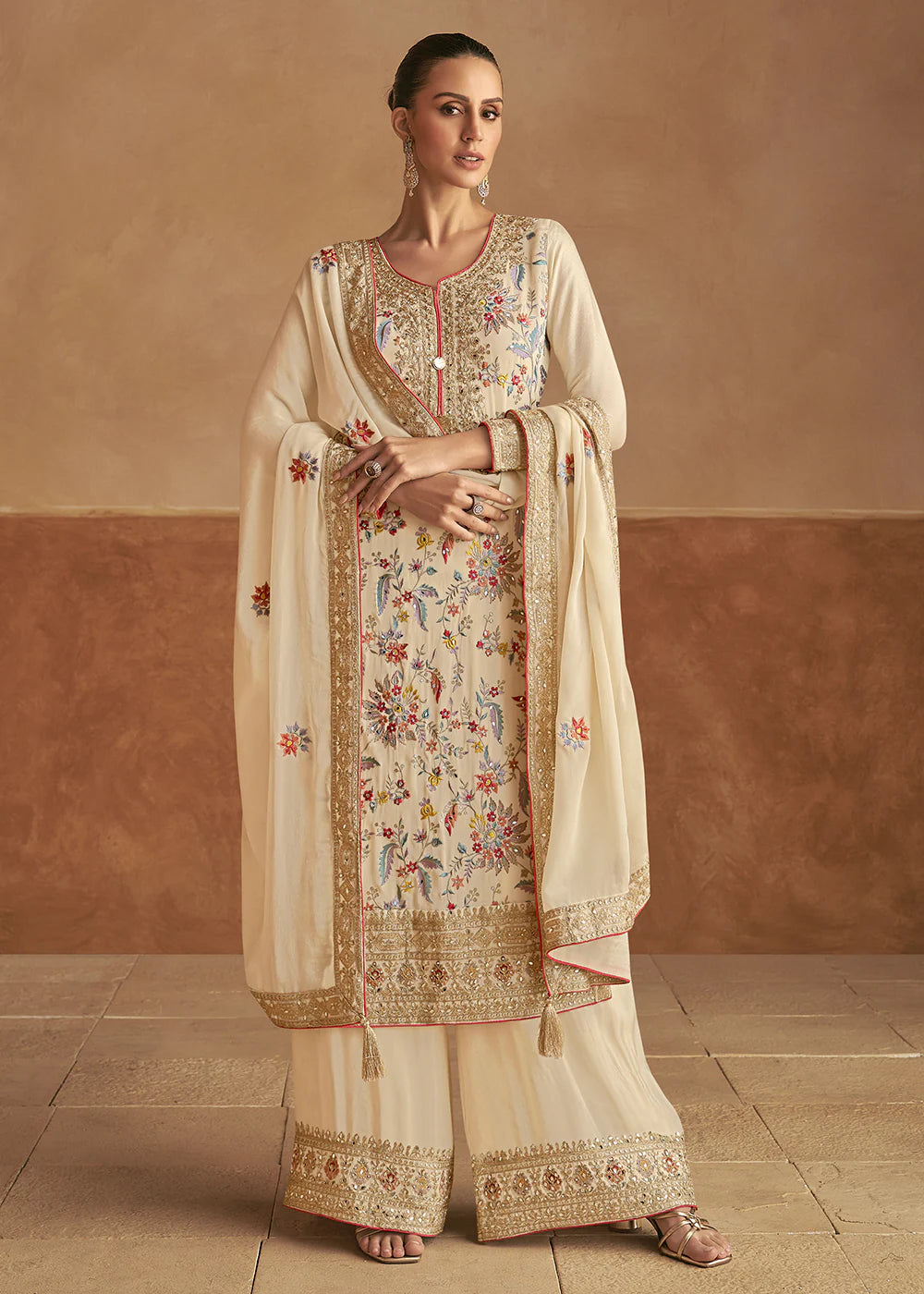 Luxurious Chinnon Silk Cream Palazzo Suit with Elegant Festive Embellishments