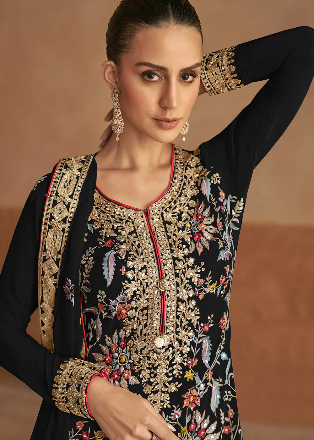 Luxurious Chinnon Silk Black Palazzo Suit with Elegant Festive Embellishments