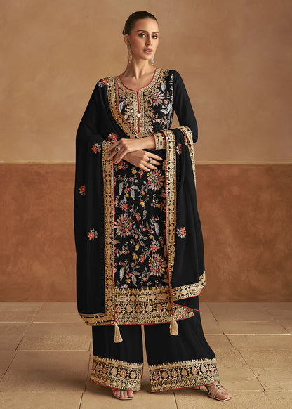 Luxurious Chinnon Silk Black Palazzo Suit with Elegant Festive Embellishments