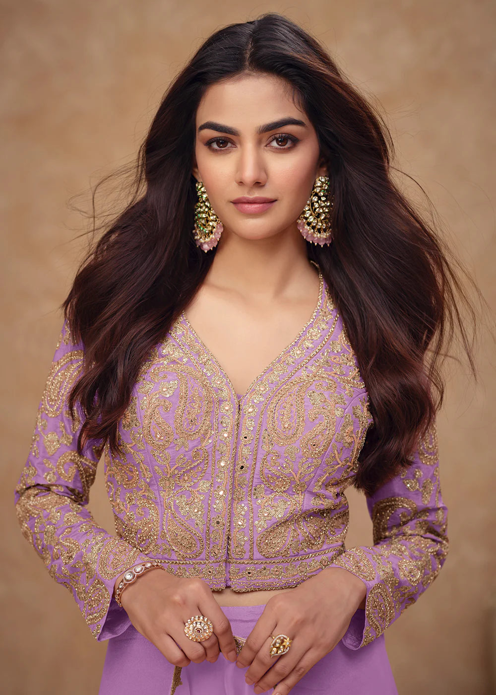 Designer Lavender Embroidered Simar Silk Co-ord Palazzo Set with Dupatta